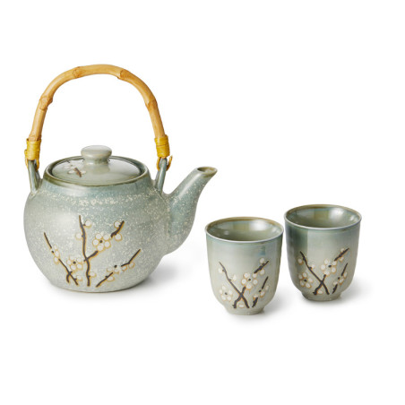 Set Pua in Porcellana con Teiera e Due Coppette – Manico in Bambù